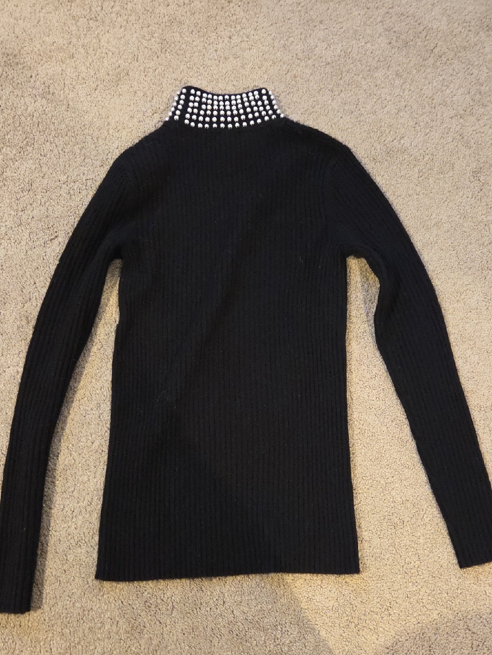 Bloomingdale's Black Ribbed Turtleneck Sweater with Studded Collar